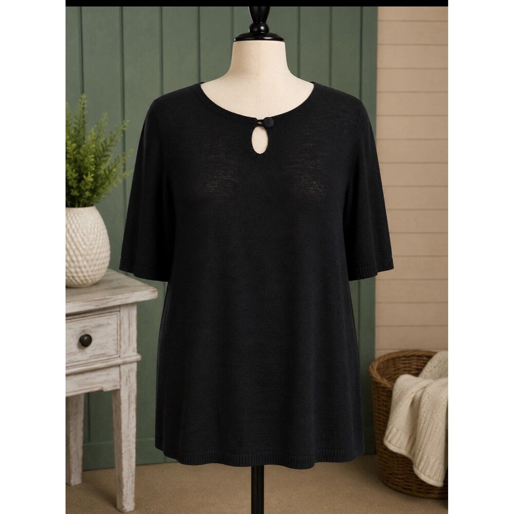 White Stag Womens Plus 22W 24W Black Knit Sweater Top Keyhole Short Sleeve